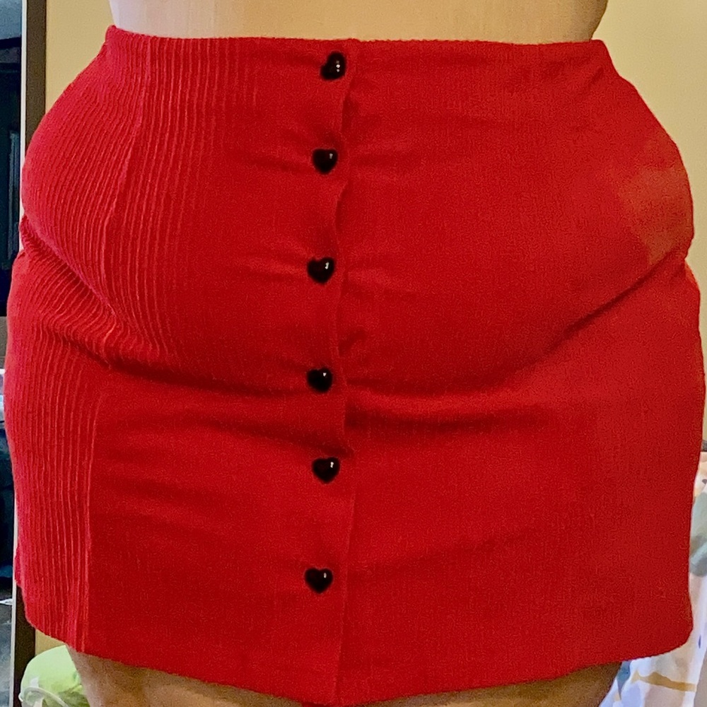Red Corduroy Mini Skirt w/ Heart Details